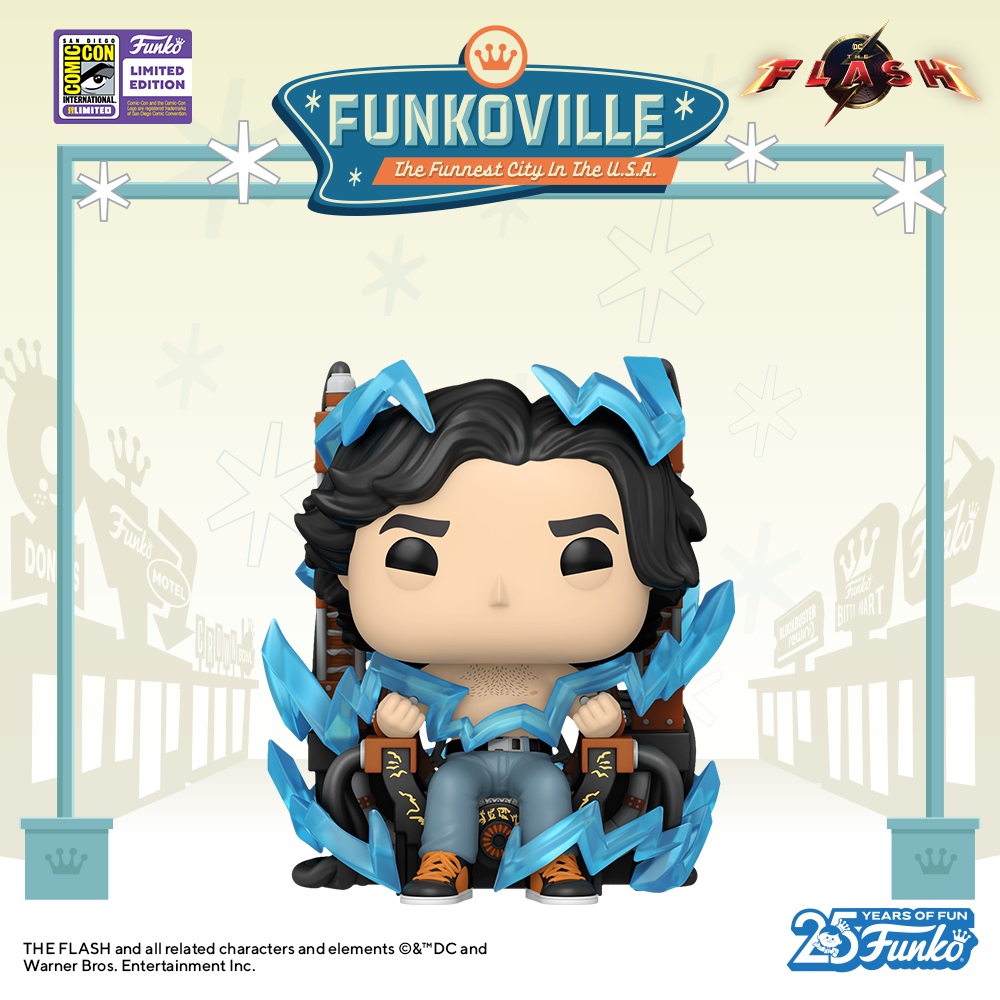 Your DC collection will get a shock when it encounters the 2023 SDCC-exclusive Pop! Barry Allen surrounded by blue bolts of electricity as he's restrained to a chair.